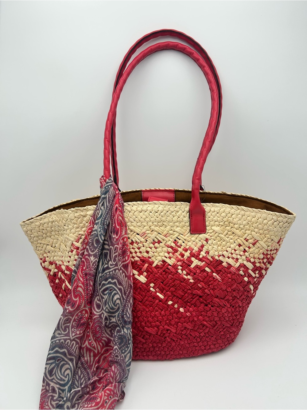 Patricia Nash Red Calypso Medium Woven Straw Tote with Greek Floral Scarf